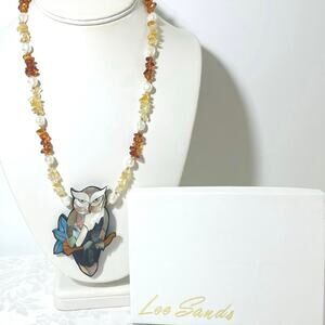 Vtg Lee Sands Owl Pearl Lucite Abalone Inlay Necklace Pendant 20" Gold Tone